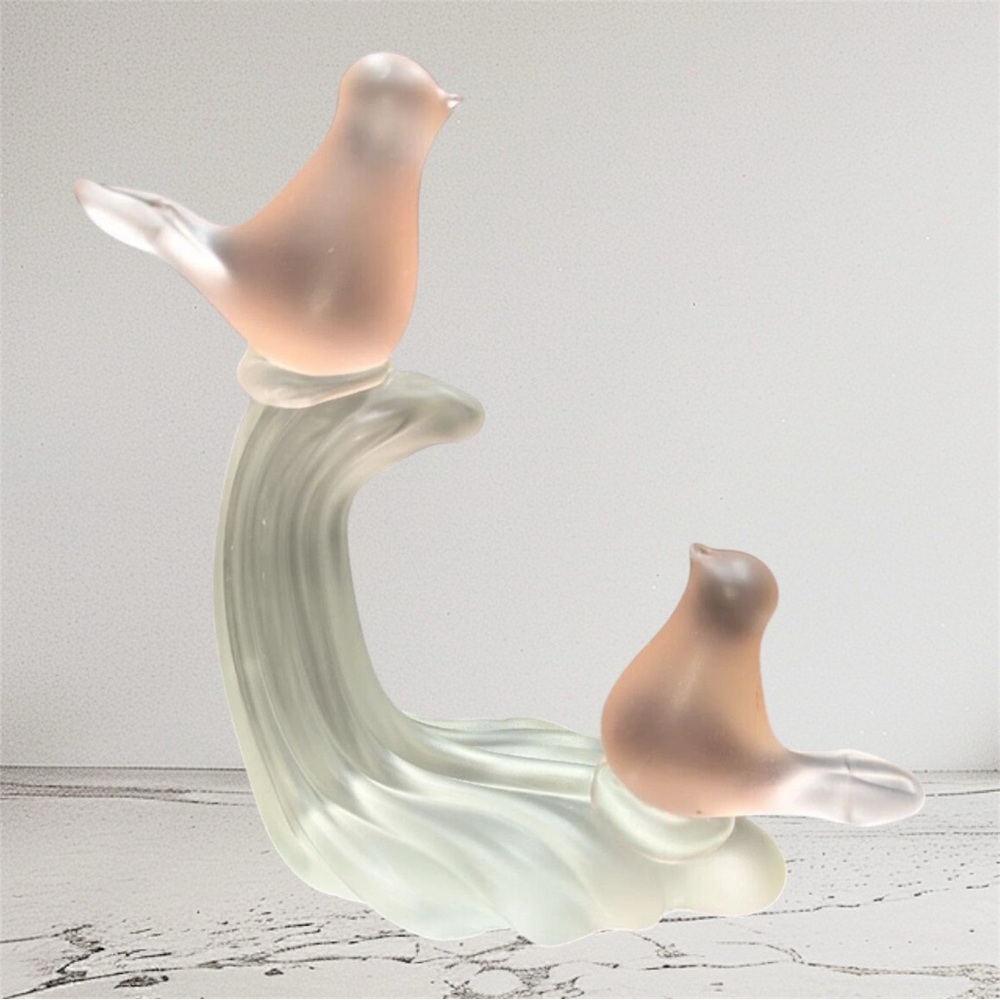 VTG Pink Frosted Glass Love Birds on Branch Hallmark Crowning Touch Collection